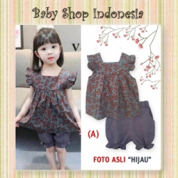 PU574 Setelan Baju Anak Perempuan Import Flowery Lengan Pendek Hijau  large